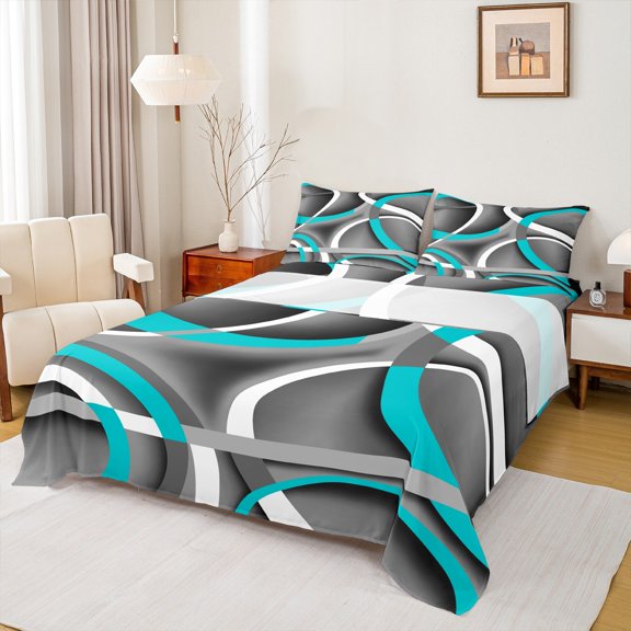 Homewish Teens Grey Teal Stripes 4pcs Bed Sheets,Abstract Minimalist Lines King Sheets,Minimalism Geometric Theme Super Cozy Sheet Set,Super Cozy Room Decor