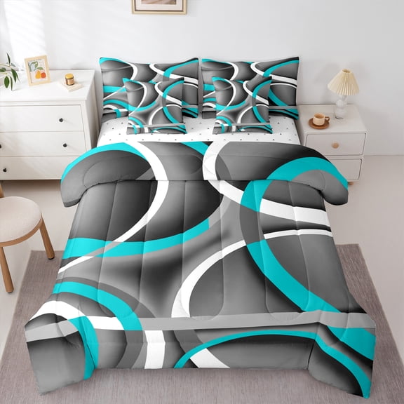 Homewish Teens Grey Teal Stripes 7-Piece Twin Bedding Sets,Abstract Minimalist Lines Bedding Comforter Set,Minimalism Geometric Theme Breathable Sheet Sets,Super Cozy Room Decor,Reversible