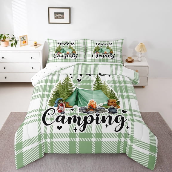 Homewish Teens Happy Camping 2pcs Bedding Comforter Set,Adventure Theme Twin Comforter Sets,Geometric Plaid Grid Breathable Bedding Set,Luxury Bedroom Decor,Reversible