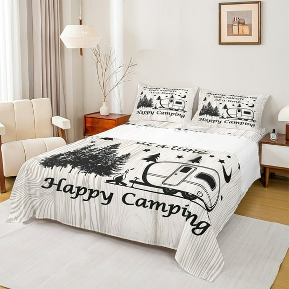 Homewish Teens Happy Camping 3pcs Twin Sheet Sets,Adventure Theme Twin Fitted Sheet,Car Theme Breathable Flat Sheet,Luxury Bedroom Decor