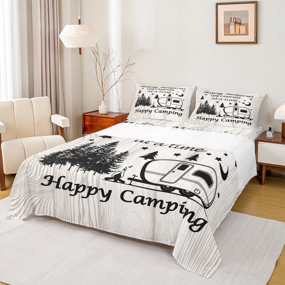 Homewish Teens Happy Camping 4pcs Bed Sheets,Adventure Theme King Sheets,Car Theme Super Cozy Sheet Set,Luxury Bedroom Decor