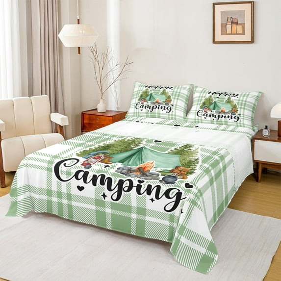 Homewish Teens Happy Camping 4pcs Bed Sheets,Adventure Theme King Sheets,Geometric Plaid Grid Super Cozy Sheet Set,Luxury Bedroom Decor