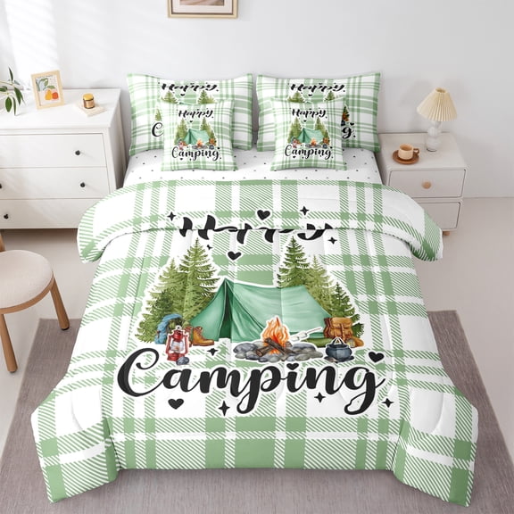 Homewish Teens Happy Camping 7-Piece Bedding Comforter Set,Adventure Theme King Bedding Sets,Geometric Plaid Grid Ultra Soft Bed Sheets,Luxury Bedroom Decor,Reversible