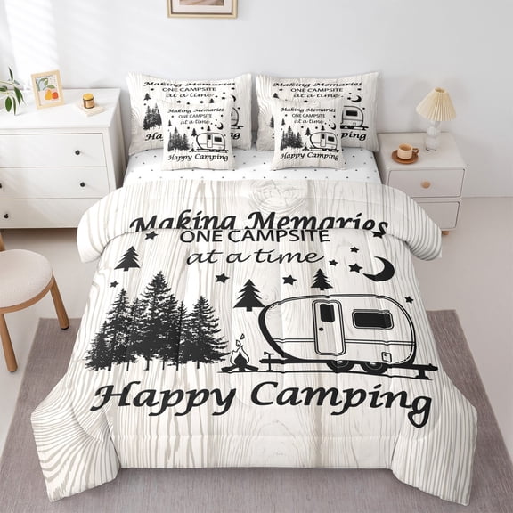 Homewish Teens Happy Camping 7pcs Bedding Comforter Set,Adventure Theme Queen Bedding Sets Super Cozy,Car Theme Queen Sheet Sets,Luxury Bedroom Decor,Reversible