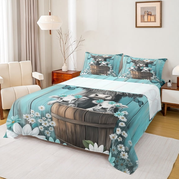 Homewish Teens Highland Bull Bed Sheets, Dreamy Butterfly Animal King Sheets, Vibrant Groovy Floral Sheet Set, Luxury Bedroom Decor, 4pcs