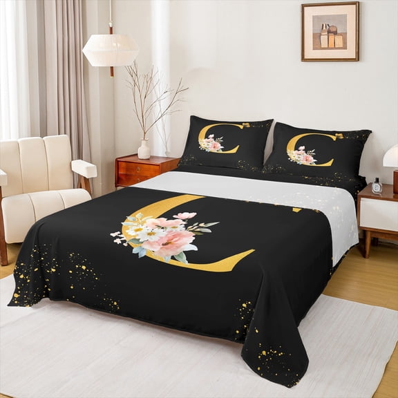 Homewish Teens Initial Letter C Twin Sheet Sets, Watercolor Flower Floral Twin Fitted Sheet, Romantic Monogrammed Flat Sheet, Microfiber Bedroom Decor, 3pcs