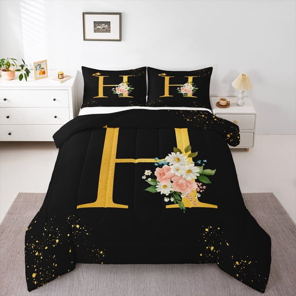Homewish Teens Initial Letter H Bedding Comforter Set, Watercolor Flower Floral Twin Comforter Sets, Romantic Monogrammed Reversible Bedding Set, Luxury Bedroom Decor, 2pcs