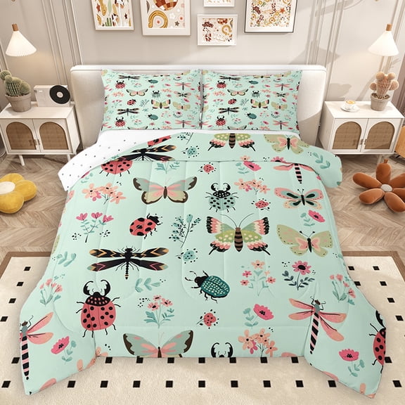 Homewish Teens Insect Lover Bedding Comforter Set, Cute Moth Dragonfly Ladybug Twin Comforter Sets, Rustic Flower Floral Reversible Bedding Set, Lightweight Room Decor, 2pcs