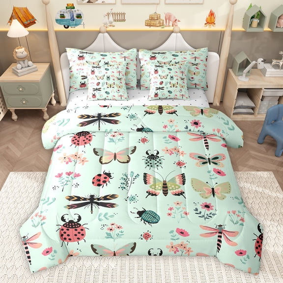 Homewish Teens Insect Lover Twin Bedding Sets 7-Piece, Cute Moth Dragonfly Ladybug Bedding Comforter Set, Rustic Flower Floral Reversible Sheet Sets, Lightweight Room Decor