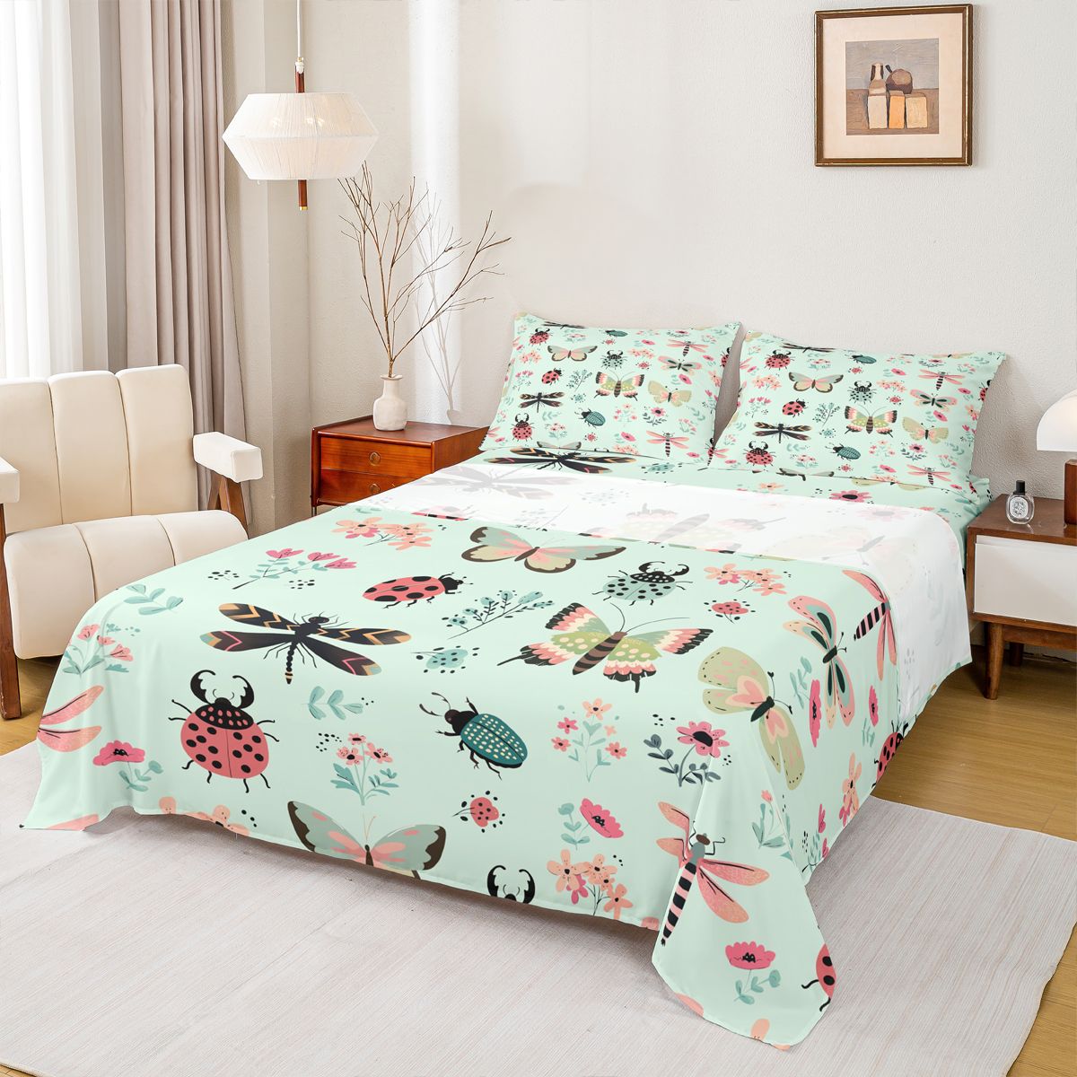 Homewish Teens Insect Lover Twin Sheet Sets, Cute Moth Dragonfly Ladybug Twin Fitted Sheet, Rustic Flower Floral Flat Sheet, Lightweight Room Decor, 3pcs