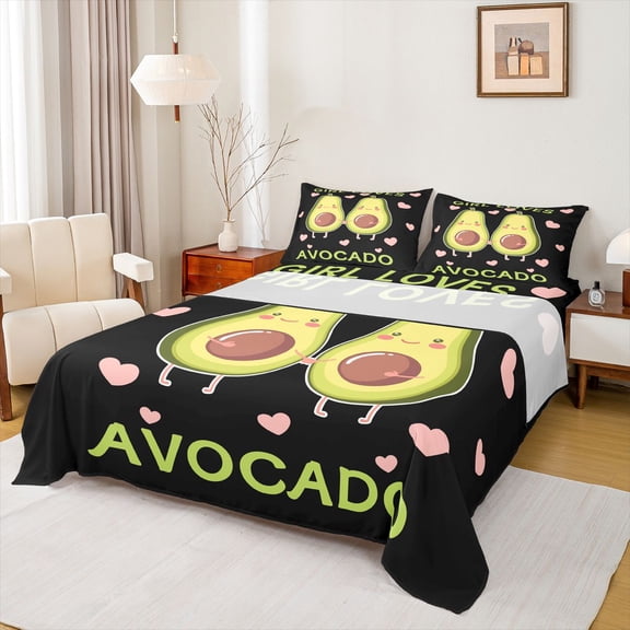 Homewish Teens Kawaii Avocado 4pcs Bed Sheets,Love Heart Print King Sheets,Cartoon Fruit Super Cozy Sheet Set,Microfiber Bedroom Decor