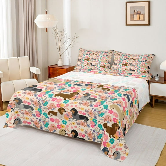 Homewish Teens Kawaii Dachshund Dog 4pcs Bed Sheets,Colorful Flowers King Sheets,Cartoon Animal Pet Super Cozy Sheet Set,Luxury Bedroom Decor