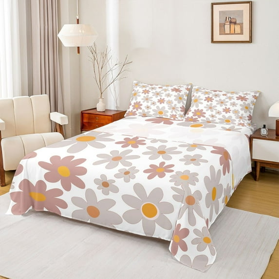 Homewish Teens Kawaii Floral Full Size Sheets, Grey Groovy Daisy Flower Bed Sheets, Cute Princess Cartoon Sheet Sets, Luxury Bedroom Decor, 4 Pieces