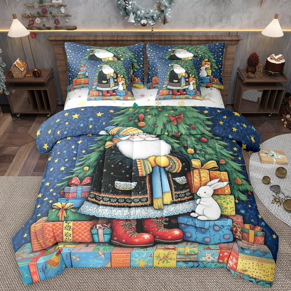 Homewish Teens Kawaii Gnome Twin Bedding Sets 7-Piece, Dreamy Xmas Tree Bedding Comforter Set, Vintage Western Christmas Reversible Sheet Sets, Luxury Bedroom Decor