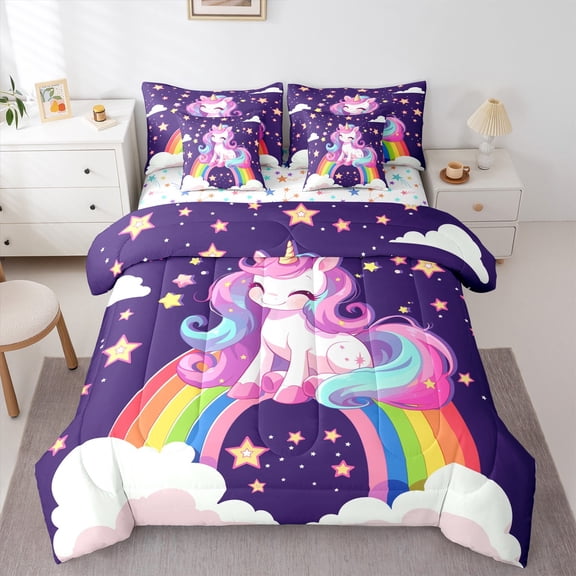 Homewish Teens Kawaii Unicorn Bedding Comforter Set 7-Piece, Dreamy Rainbow Cloud King Bedding Sets, Mystic Purple Stars Galaxy Reversible Bed Sheets, Microfiber Bedroom Decor