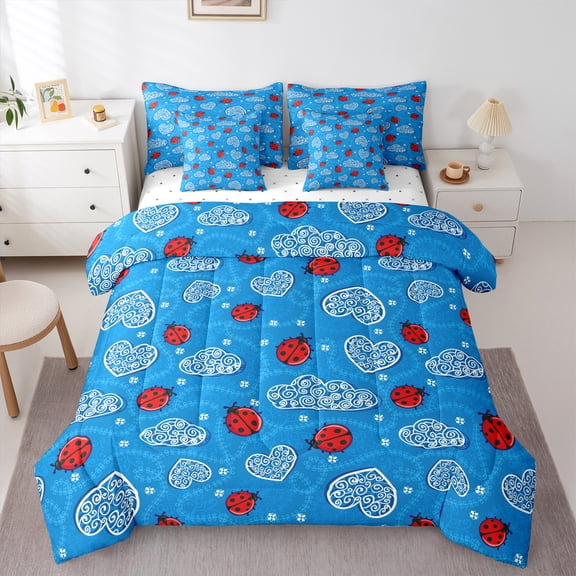 Homewish Teens Ladybug Ladybird Bedding Comforter Set 7pcs,Chic Love Heart Queen Bedding Sets Super Cozy,Blue Red White Queen Sheet Sets,Super Cozy Room Decor,Reversible