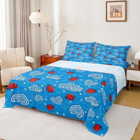 Homewish Teens Ladybug Ladybird Full Size Sheets 4-Piece,Chic Love Heart Breathable Bed Sheets,Blue Red White Lightweight Sheet Sets,Super Cozy Room Decor