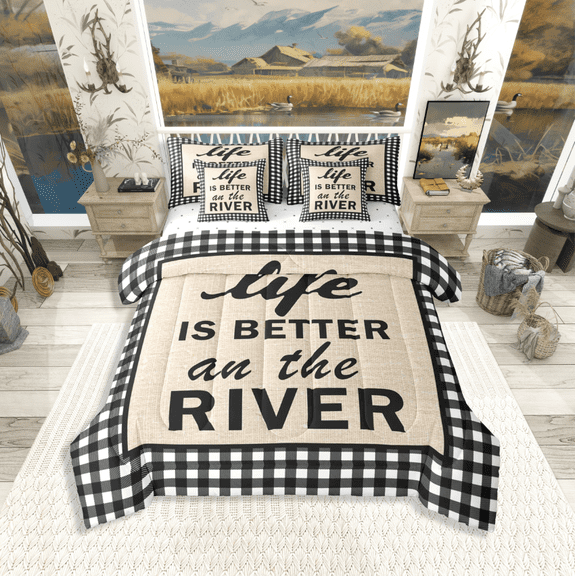 Homewish Teens Lake House Bedding Comforter Set 7-Piece,Geometric Plaid King Bedding Sets,Lodge Cabin Ultra Soft Bed Sheets,Luxury Bedroom Decor,Reversible