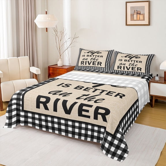 Homewish Teens Lake House Twin Sheet Sets 3pcs,Geometric Plaid Twin Fitted Sheet Microfiber,Lodge Cabin Breathable Flat Sheet,Luxury Bedroom Decor