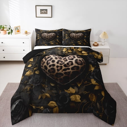 Homewish Teens Leopard Cheetah Print 2pcs Bedding Comforter Set,Love Heart Print Twin Comforter Sets,Chic Flower Rose Breathable Bedding Set,Luxury Bedroom Decor,Reversible