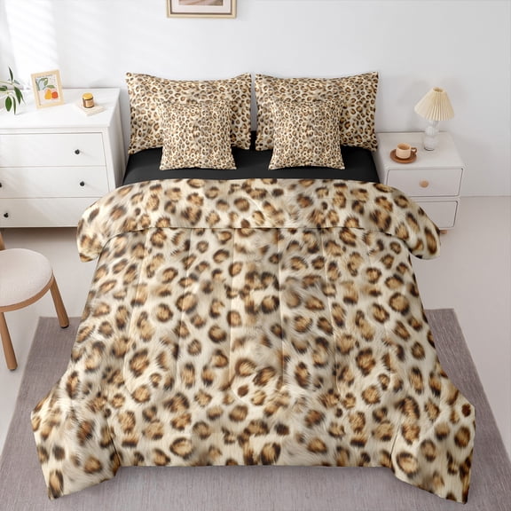 Homewish Teens Leopard Cheetah Print 7-Piece Bedding Comforter Set,Abstract Geometric King Bedding Sets,Animal Print Ultra Soft Bed Sheets,Luxury Bedroom Decor,Reversible