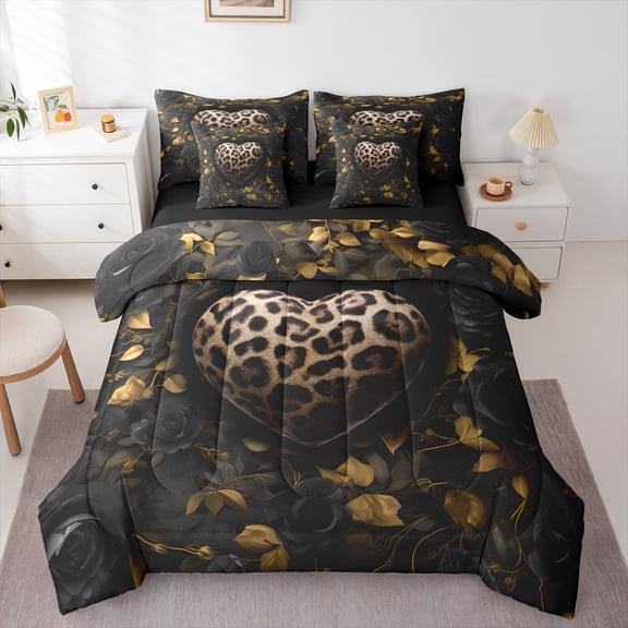 Homewish Teens Leopard Cheetah Print 7-Piece Bedding Comforter Set,Love Heart Print King Bedding Sets,Chic Flower Rose Ultra Soft Bed Sheets,Luxury Bedroom Decor,Reversible