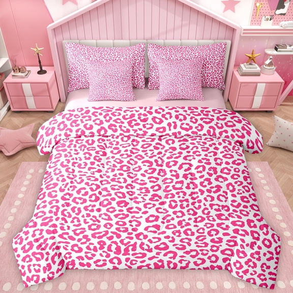 Homewish Teens Leopard Print Bedding Comforter Set 7pcs, Fashion Polkadots King Bedding Sets, Chic Pink Abstract Reversible Bed Sheets, Luxury Bedroom Decor