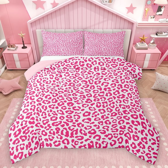 Homewish Teens Leopard Print Full Size Comforter Sets, Fashion Polkadots Bedding Comforter Set, Chic Pink Abstract Reversible Bedding Sets, Luxury Bedroom Decor, 3 Pieces