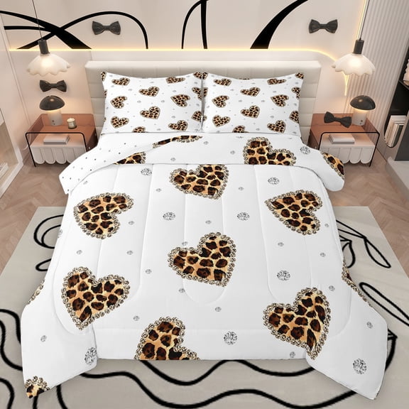 Homewish Teens Leopard Print Love Heart Bedding Comforter Set 2pcs,Cheetah Print Twin Comforter Sets Microfiber,Bling Crystal Breathable Bedding Set,Lightweight Room Decor,Reversible