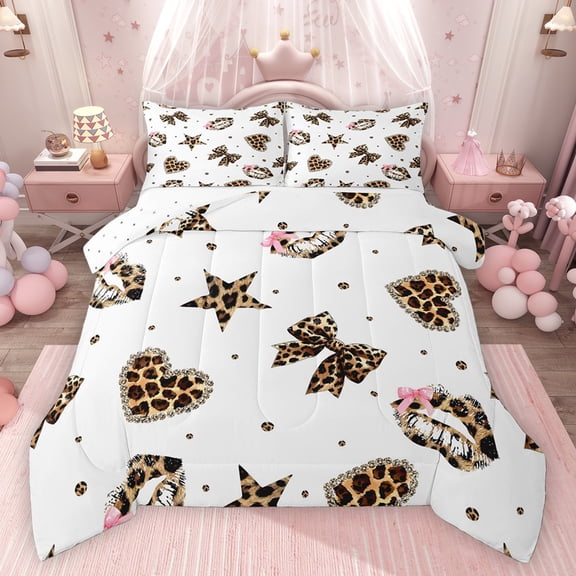 Homewish Teens Love Heart Stars Print Bedding Comforter Set 2pcs,Kawaii Bowknot Twin Comforter Sets Microfiber,Cheetah Print Polak Dots Breathable Bedding Set,Lightweight Room Decor,Reversible