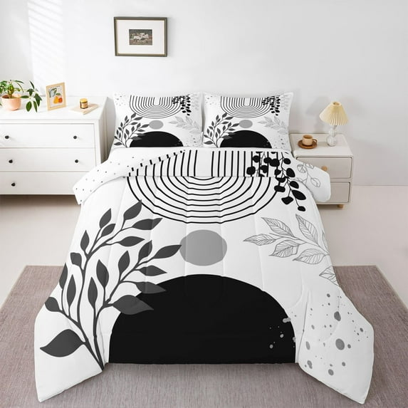 Homewish Teens Minimalist Stripes Circle 2pcs Bedding Comforter Set,Vintage Aesthetic Leaves Twin Comforter Sets,Mid Century Breathable Bedding Set,Luxury Bedroom Decor,Reversible