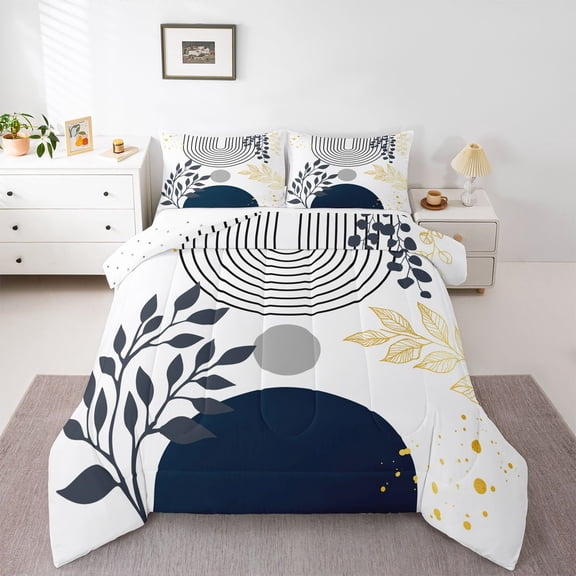 Homewish Teens Minimalist Stripes Circle 3 Pieces Queen Comforter Set,Vintage Aesthetic Leaves Ultra Soft Bedding Sets,Mid Century Bedding Comforter Set,Luxury Bedroom Decor,Reversible