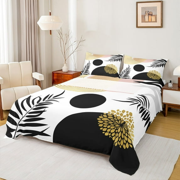 Homewish Teens Minimalist Stripes Circle 3pcs Twin Sheet Sets,Vintage Aesthetic Leaves Twin Fitted Sheet,Mid Century Breathable Flat Sheet,Luxury Bedroom Decor