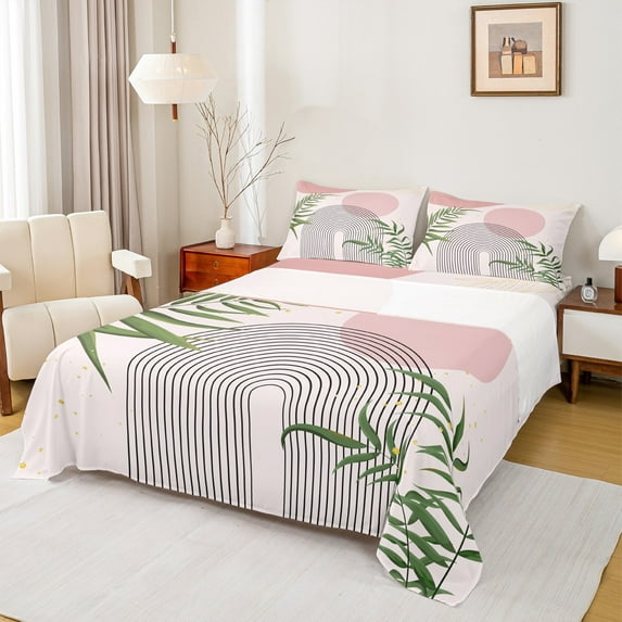 Homewish Teens Minimalist Stripes Circle 4-Piece Full Size Sheets,Vintage Aesthetic Leaves Bed Sheets,Mid Century Lightweight Sheet Sets,Luxury Bedroom Decor