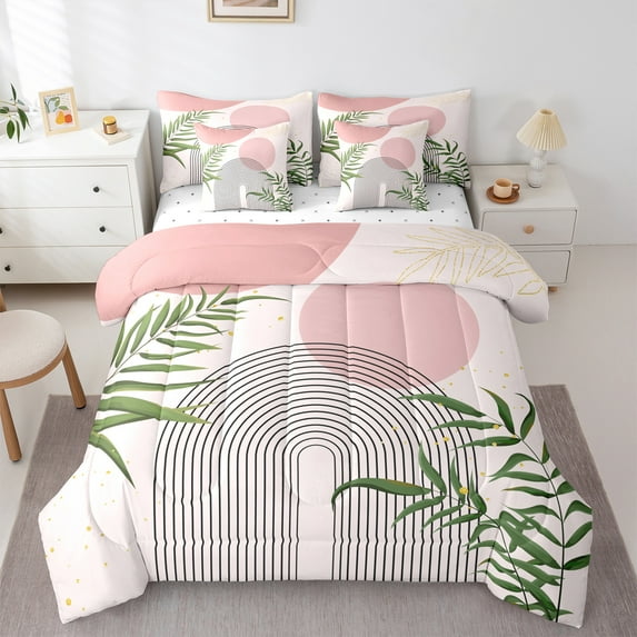 Homewish Teens Minimalist Stripes Circle 7-Piece Bedding Comforter Set,Vintage Aesthetic Leaves King Bedding Sets,Mid Century Ultra Soft Bed Sheets,Luxury Bedroom Decor,Reversible