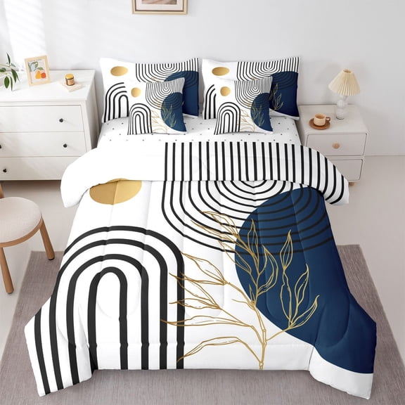 Homewish Teens Minimalist Stripes Circle 7-Piece Bedding Comforter Set,Vintage Aesthetic Leaves King Bedding Sets,Mid Century Ultra Soft Bed Sheets,Luxury Bedroom Decor,Reversible