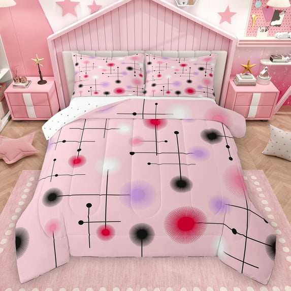 Homewish Teens Modern Minimalism Bedding Comforter Set, Memphis Abstract Artwork Twin Comforter Sets, Kawaii Pink Cartoon Reversible Bedding Set, Lightweight Room Decor, 2pcs
