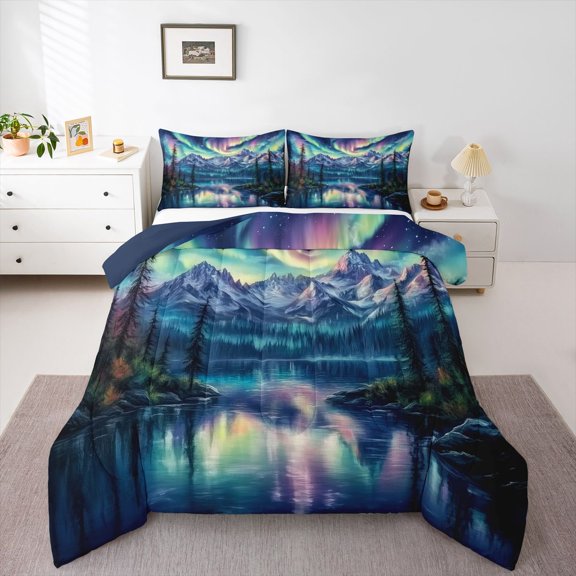 Homewish Teens Moutain Jungle 3 Pieces Queen Comforter Set,Abstract Aurora Ultra Soft Bedding Sets,Starry Sky Bedding Comforter Set Breathable,Ultra Soft Home Decor,Reversible