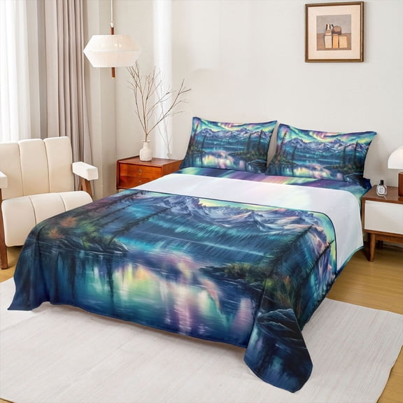 Homewish Teens Moutain Jungle 4pcs Bed Sheets,Abstract Aurora King Sheets,Starry Sky Super Cozy Sheet Set,Ultra Soft Home Decor