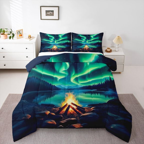 Homewish Teens Moutain Jungle Bedding Comforter Set 2pcs,Abstract Green Aurora Twin Comforter Sets Microfiber,Happy Camping Breathable Bedding Set,Ultra Soft Home Decor,Reversible