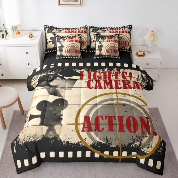 Homewish Teens Movie Theater 7-Piece Bedding Comforter Set,Graffiti Splash King Bedding Sets,Retro Vintage Ultra Soft Bed Sheets,Super Cozy Room Decor,Reversible