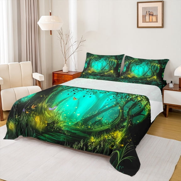 Homewish Teens Mystic Jungle Tree Twin Sheet Sets, Glitter Butterfly Animal Twin Fitted Sheet, Dreamy Fairy Tale Flat Sheet, Ultra Soft Bedroom Decor, 3 Pieces