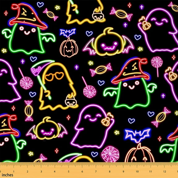 Homewish Teens Neon Ghost Fabric by the Yard 1 Yard, Cartoon Candy Pumpkin Room Decor Fabric by the Yard, Happy Halloween Theme Sewing Fabric, Breathable Home Decor