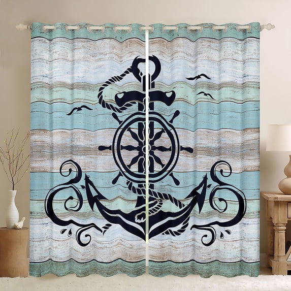 Homewish Teens Ocean Anchor Blackout Curtains Set of 2 (52x84 Each), Nautical Rudder Print Window Curtains, Grey Blue Rustic Cabin Curtains and Drapes, Curtains and Drapes Decor
