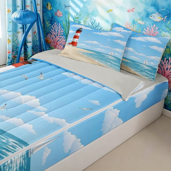 Homewish Teens Ocean Beach Zipper Twin Comforter Sets with Fitted Sheet and 2 Pillowcases,Nautical Lighthouse Zipper Bedding Set for Boys Girls,4-Piece,Grey Reversible