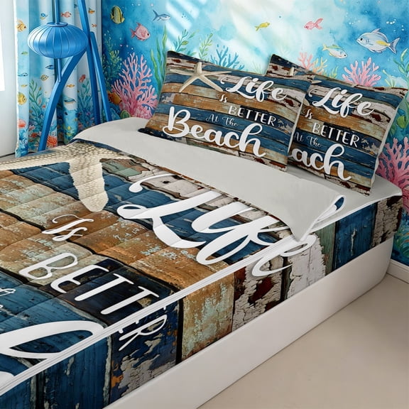 Homewish Teens Ocean Beach Zipper Twin Comforter Sets with Fitted Sheet and 2 Pillowcases,Vintage Sea Cabin Zipper Bedding Set for Boys Girls,4-Piece,Grey Reversible
