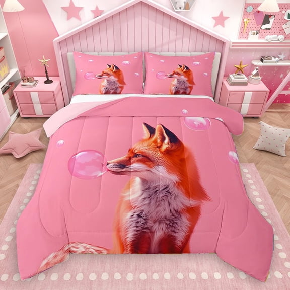 Homewish Teens Orange Animal Fox 2pcs Bedding Comforter Set,Blow Bubbles Twin Comforter Sets,Jungle Wildlife Breathable Bedding Set,Breathable Home Decor,Reversible