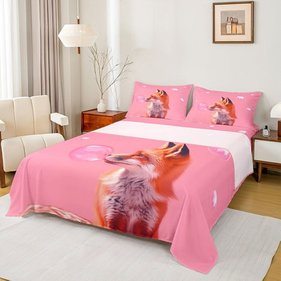 Homewish Teens Orange Animal Fox 4-Piece Full Size Sheets,Blow Bubbles Bed Sheets,Jungle Wildlife Lightweight Sheet Sets,Breathable Home Decor