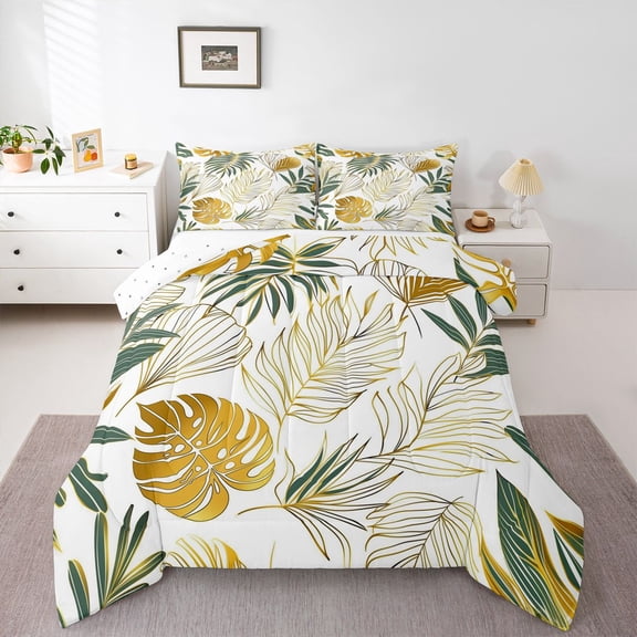 Homewish Teens Palm Plant Queen Comforter Set, Cartoon Botanical Bedding Sets, Chic Fashion Leaf Reversible Bedding Comforter Set, Luxury Bedroom Decor, 3 Pieces
