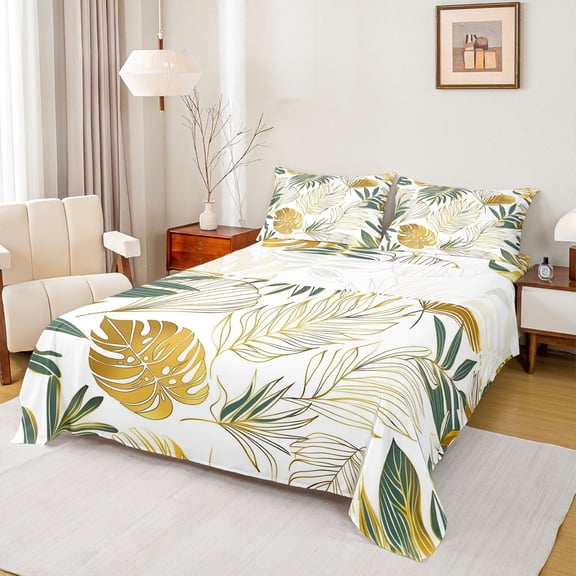 Homewish Teens Palm Plant Twin Sheet Sets, Cartoon Botanical Twin Fitted Sheet, Chic Fashion Leaf Flat Sheet, Luxury Bedroom Decor, 3 Pieces